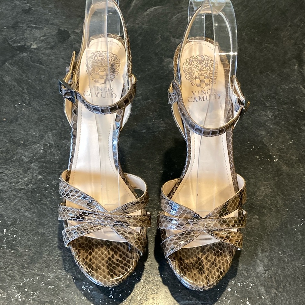 Vince Camuto Brown Snake-Print Strappy Heel Sandals